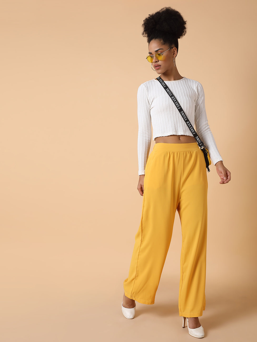 Women Flat Front Solid Mustard Trousers