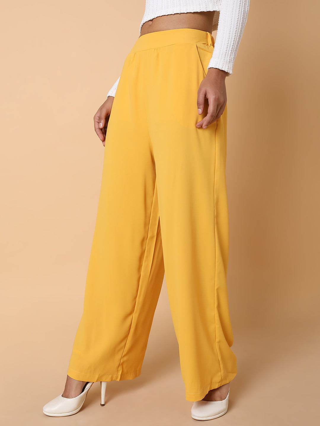 Women Flat Front Solid Mustard Trousers