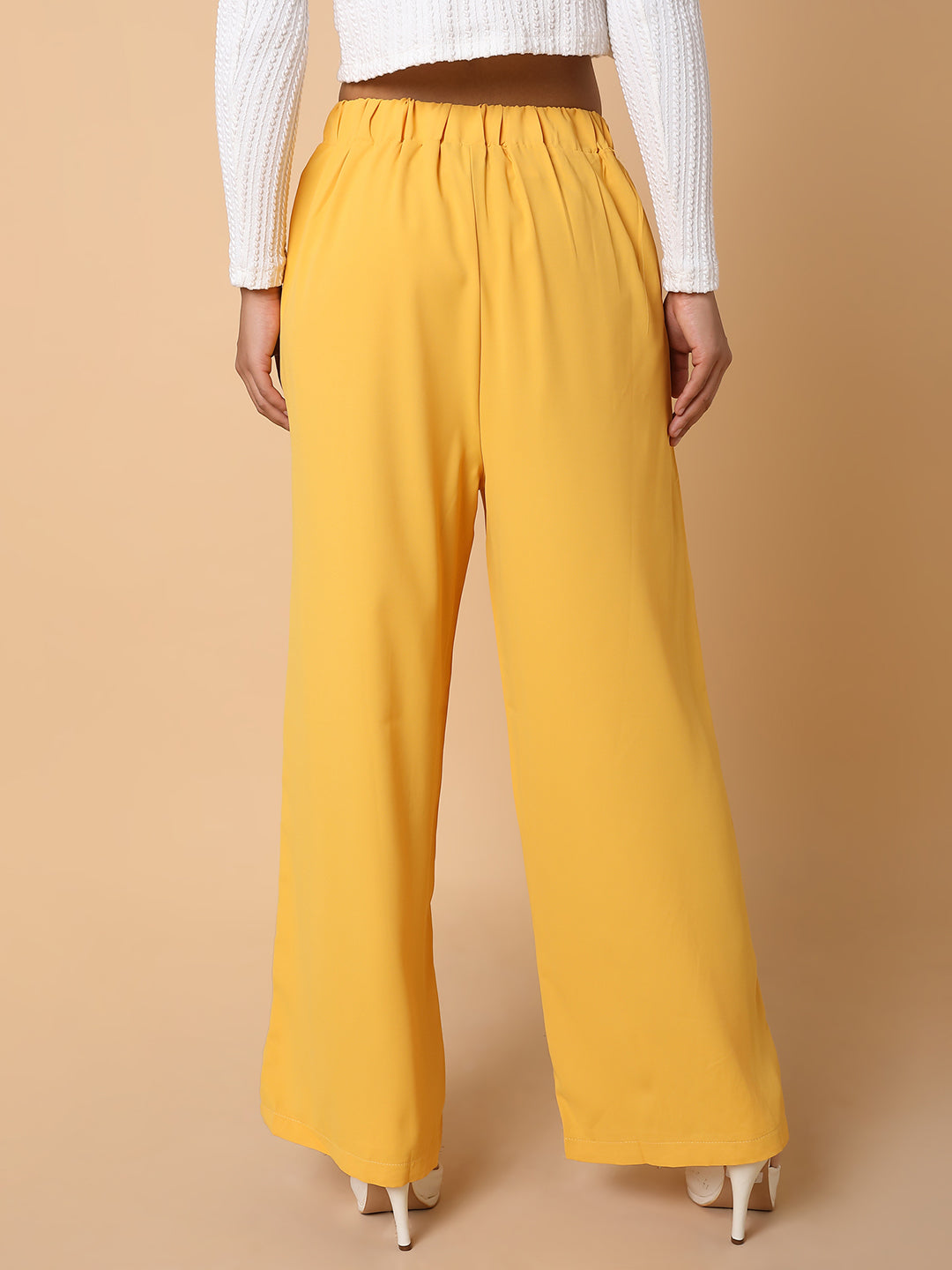 Women Flat Front Solid Mustard Trousers