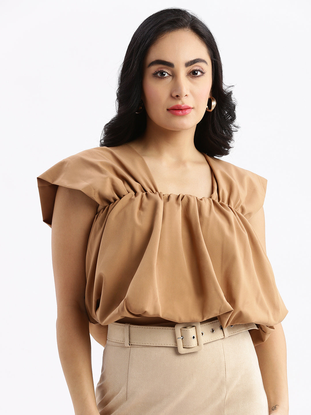 Women Solid Brown Blouson Top