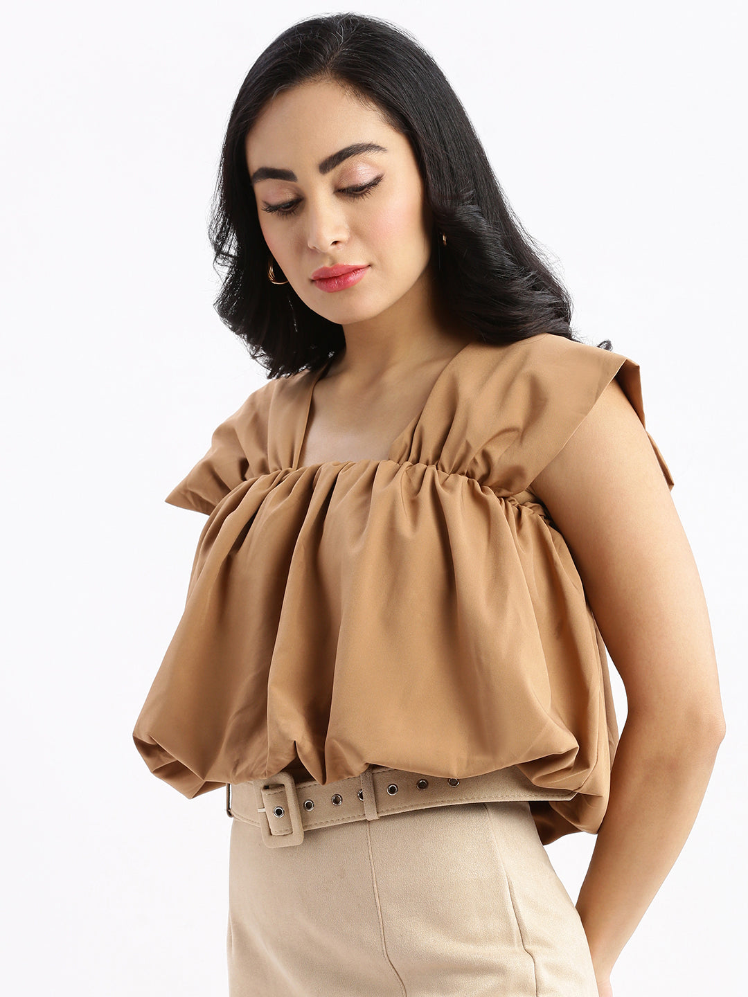 Women Solid Brown Blouson Top