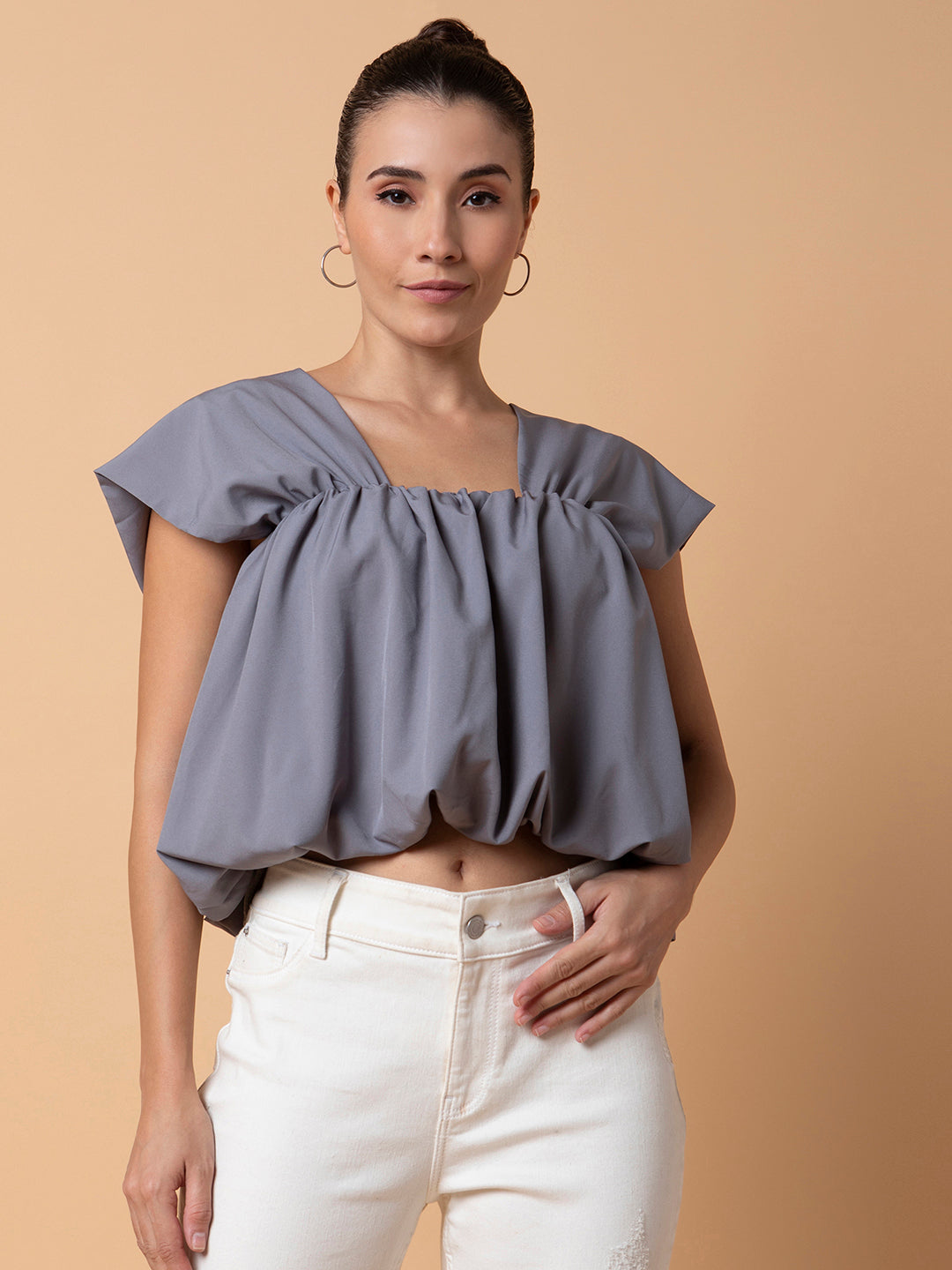 Women Solid Grey Blouson Top