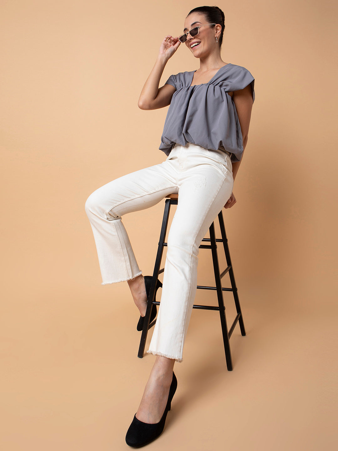 Women Solid Grey Blouson Top