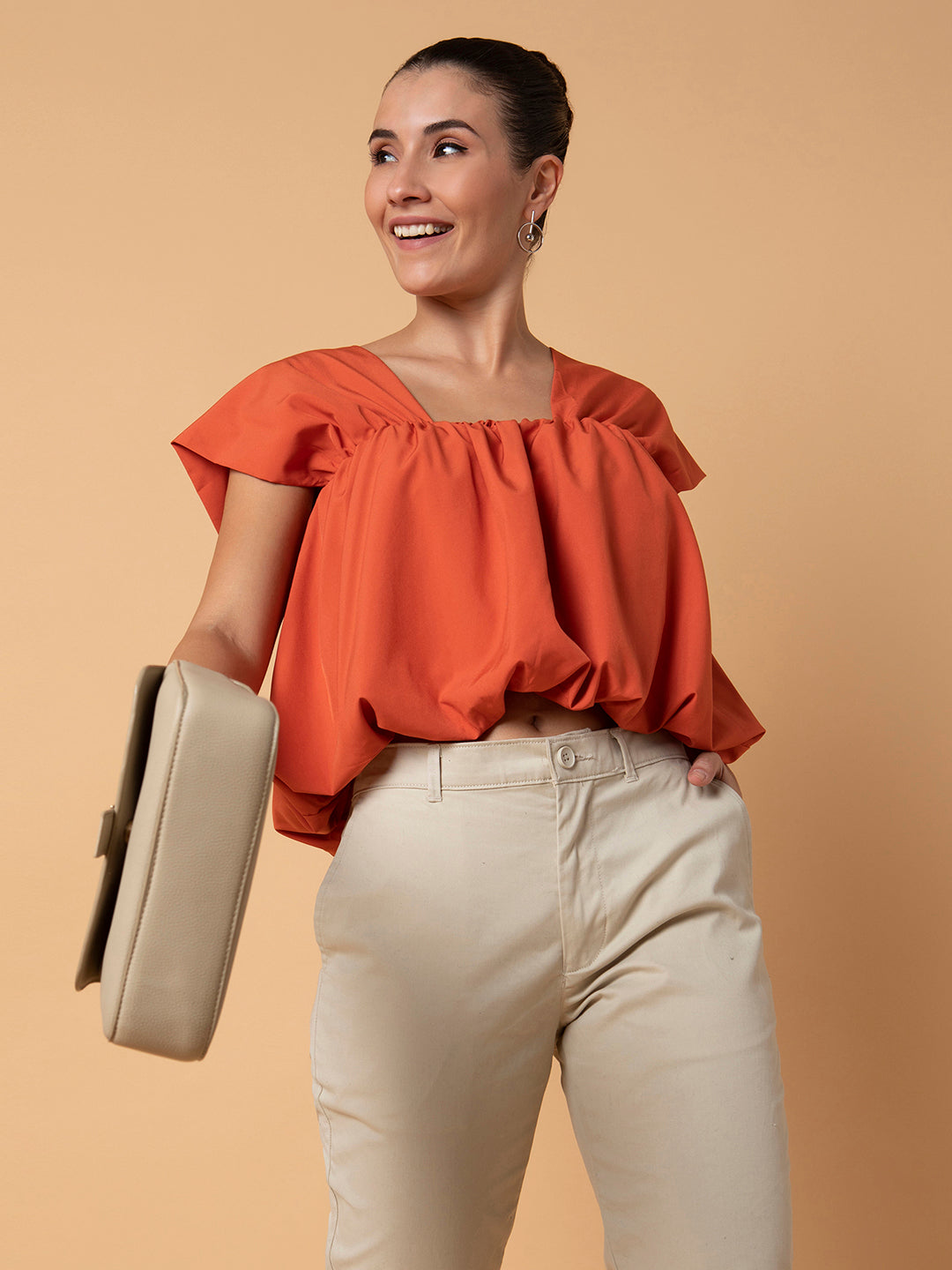 Women Solid Orange Blouson Top