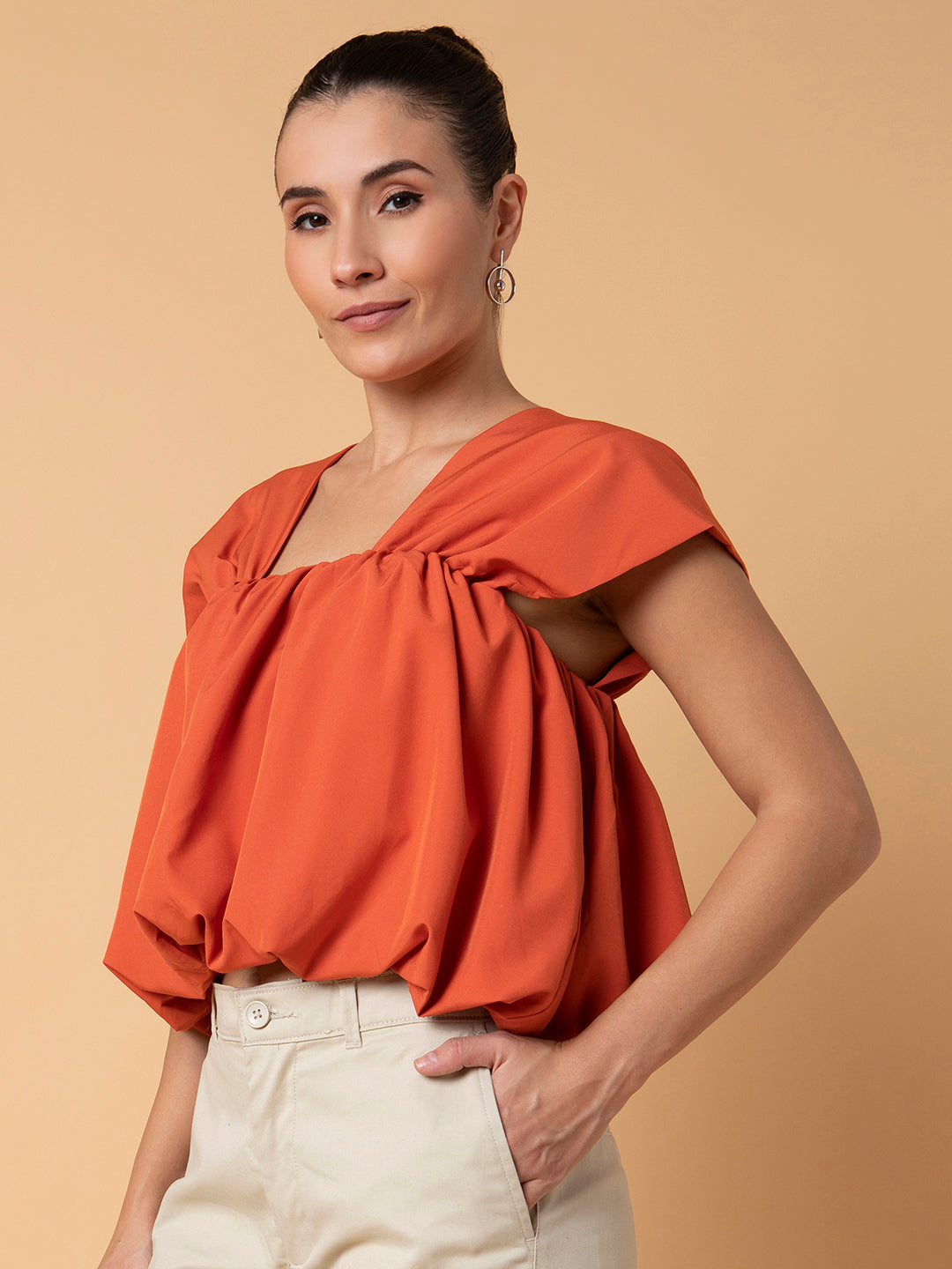 Women Solid Orange Blouson Top