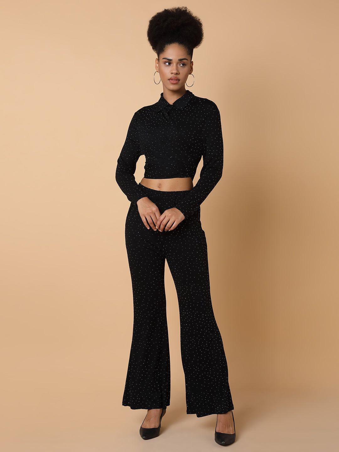 Women Embellished Collared Black Co-Ord Set