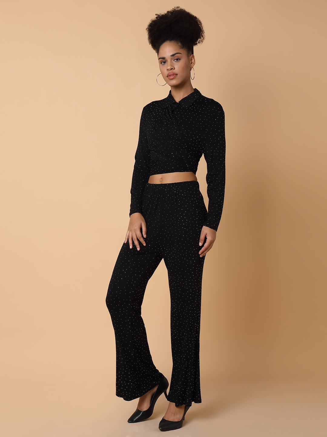 Women Embellished Collared Black Co-Ord Set