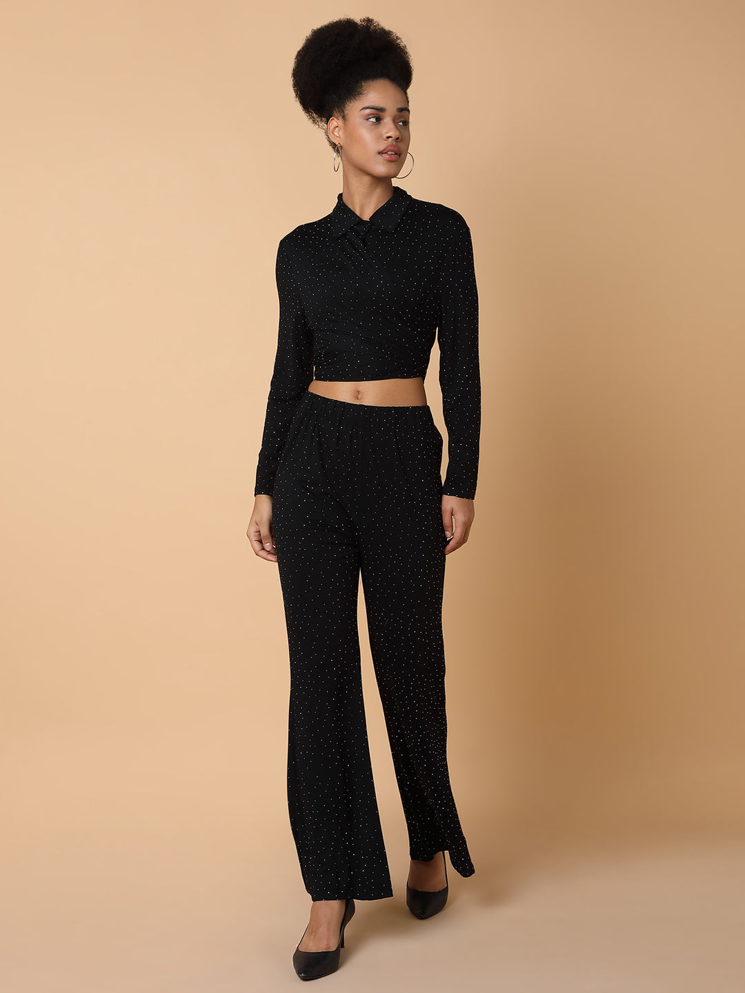 Women Embellished Collared Black Co-Ord Set