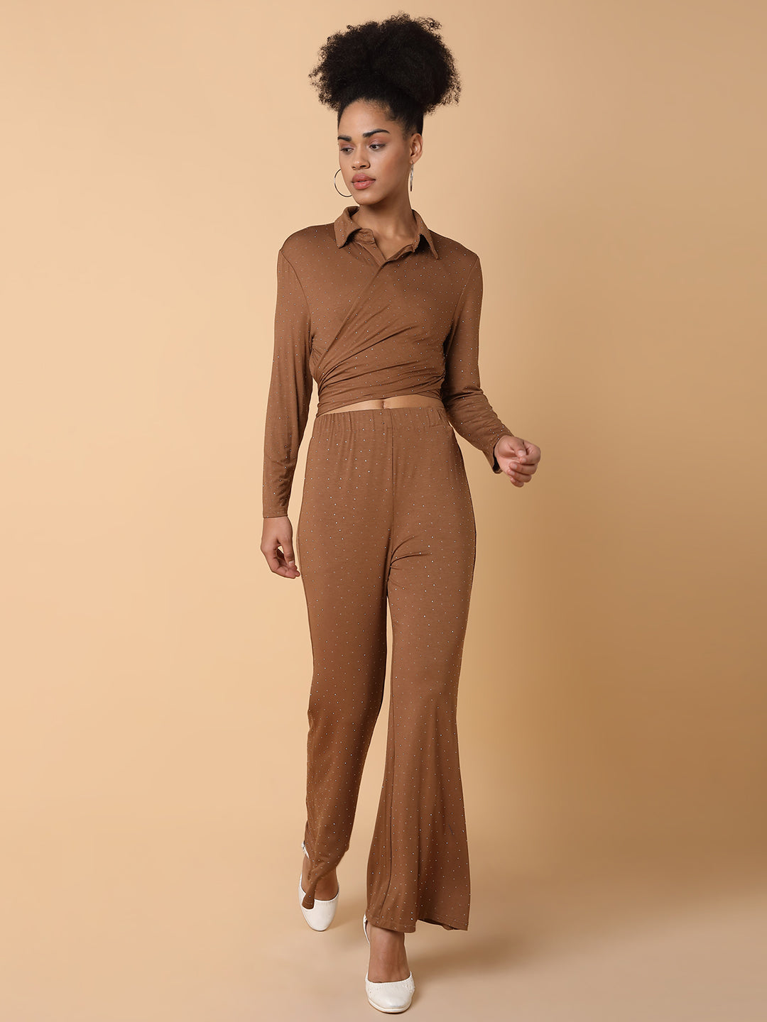 Women Embellished Collared Brown Co-Ord Set