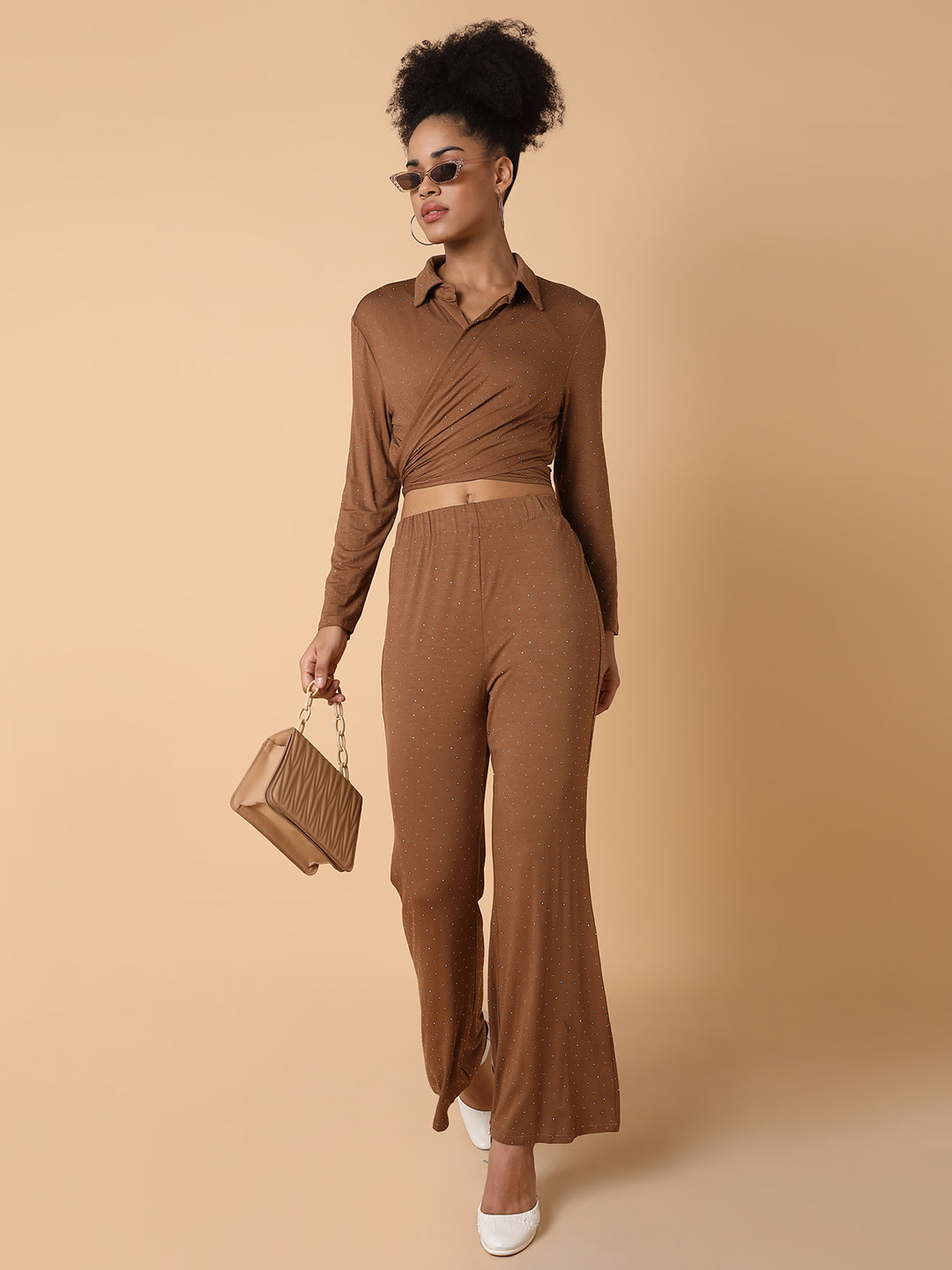 Women Embellished Collared Brown Co-Ord Set