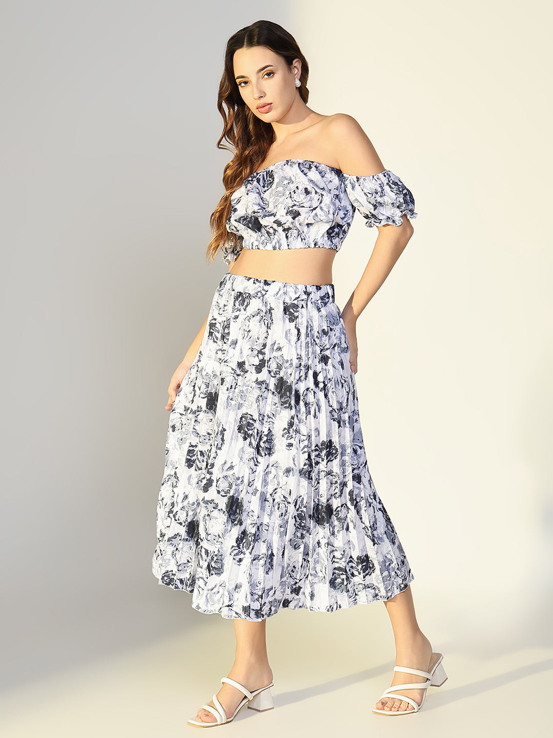 Women's Floral Print Grey Off Shoulder Top with Pleated Skirt Co-Ords Set