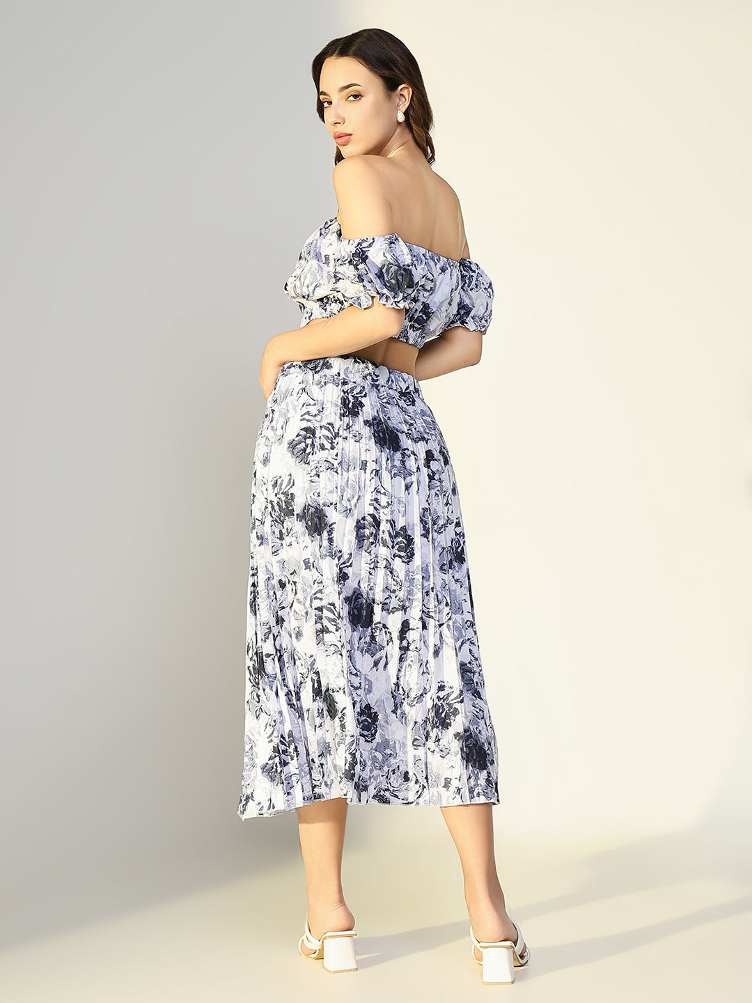Women's Floral Print Grey Off Shoulder Top with Pleated Skirt Co-Ords Set