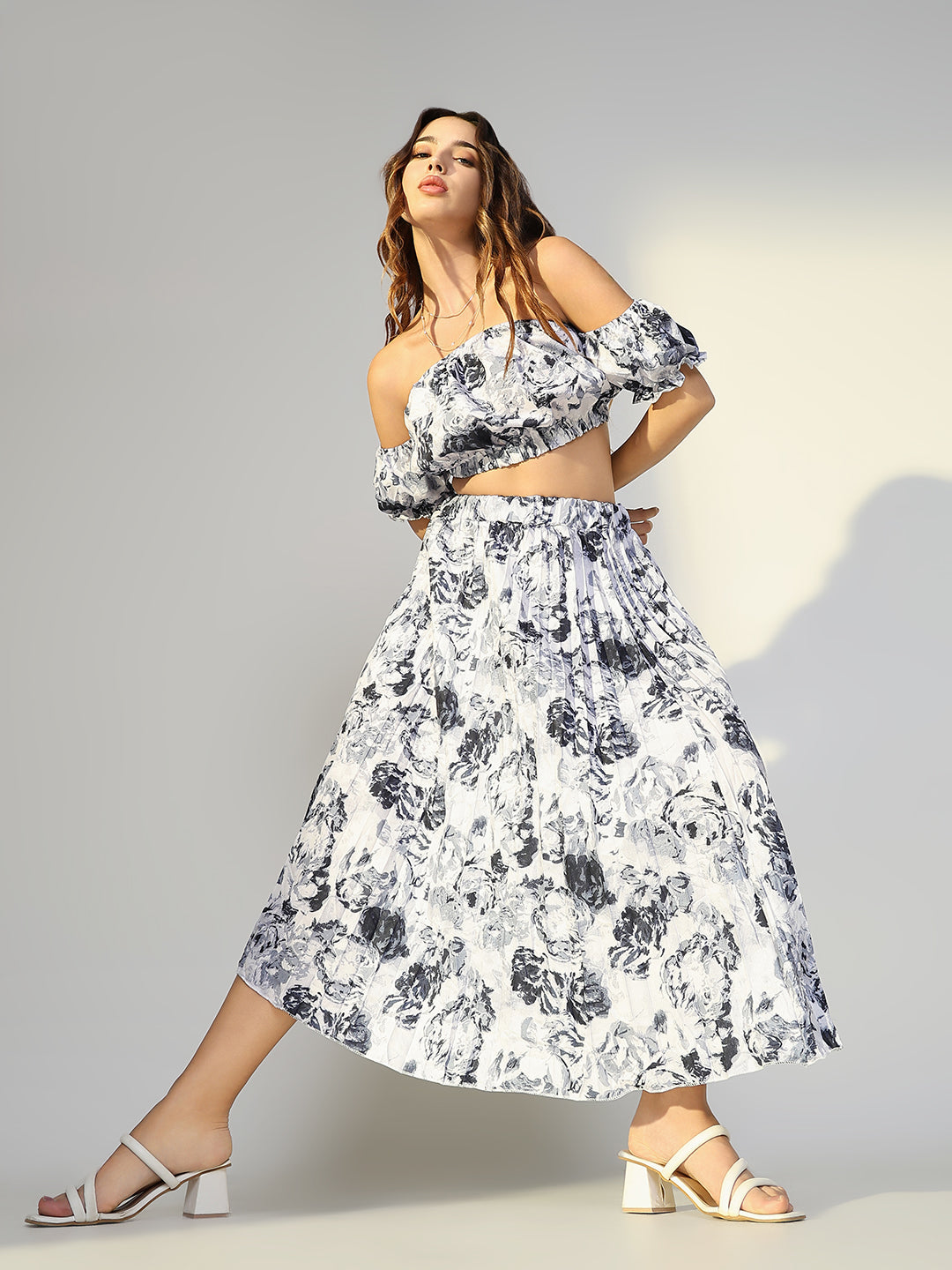 Women's Floral Print Grey Off Shoulder Top with Pleated Skirt Co-Ords Set