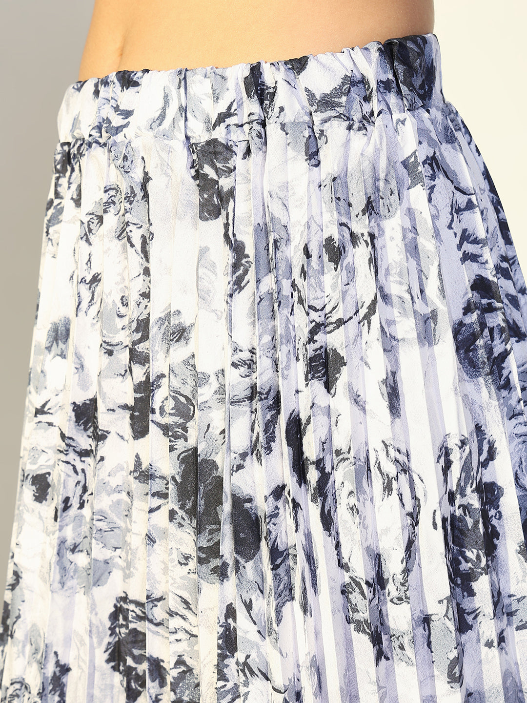 Women's Floral Print Grey Off Shoulder Top with Pleated Skirt Co-Ords Set