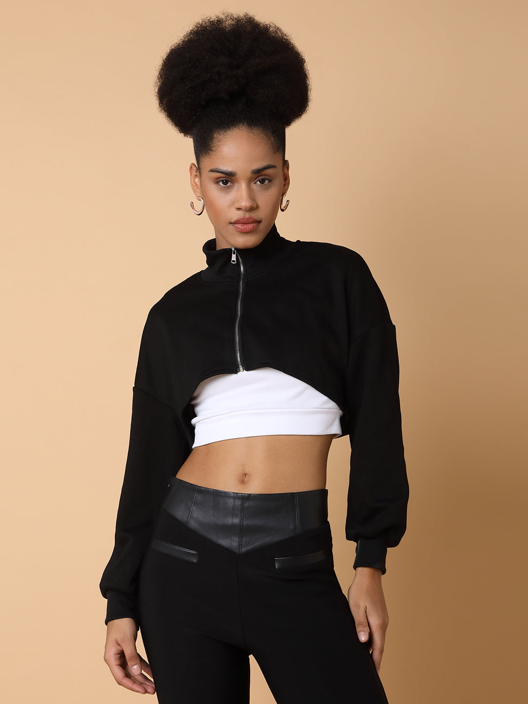 Women Solid Black Crop Top with Tank top