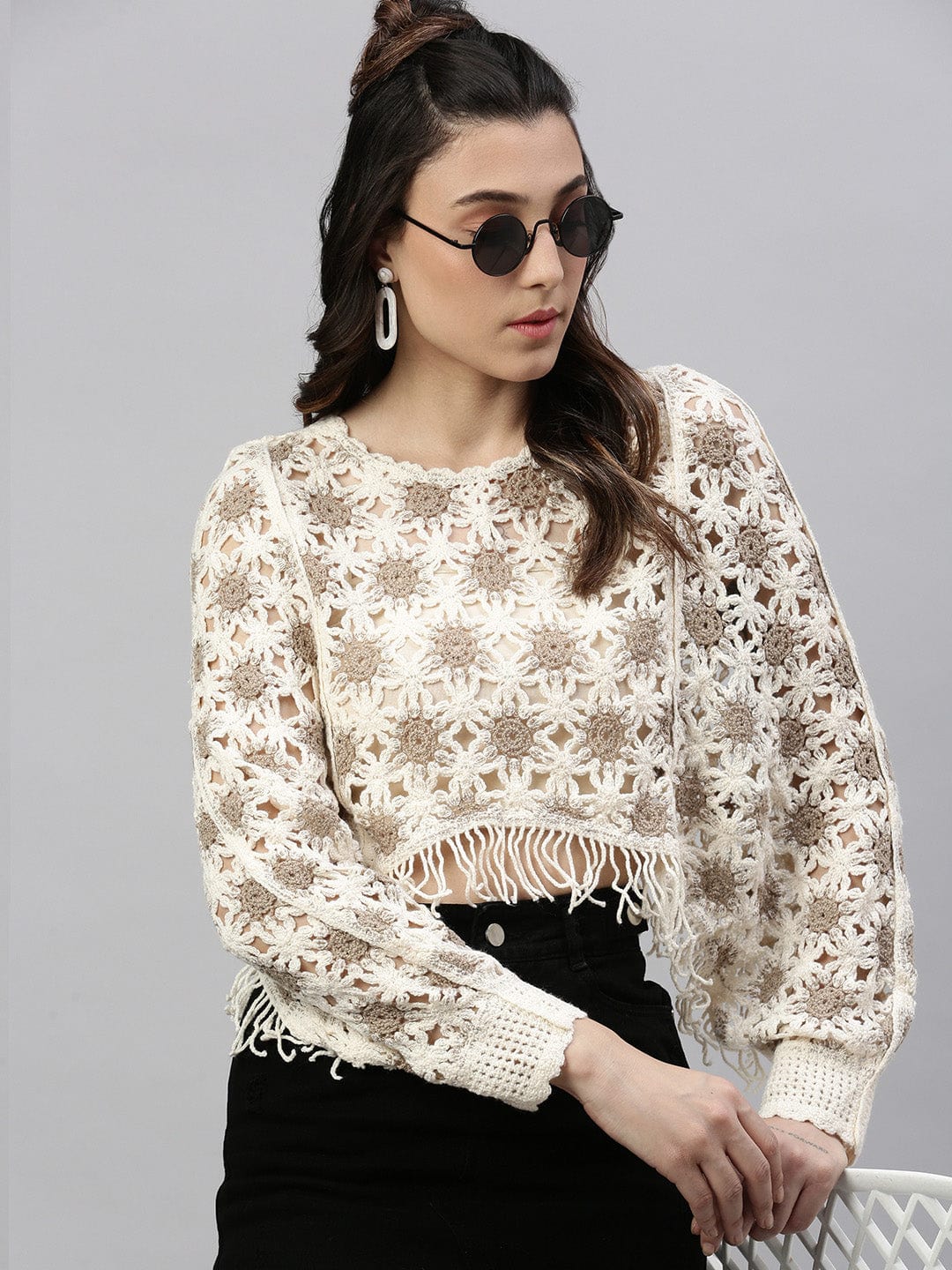 Women's Self Design Cream Crochet Crop Top