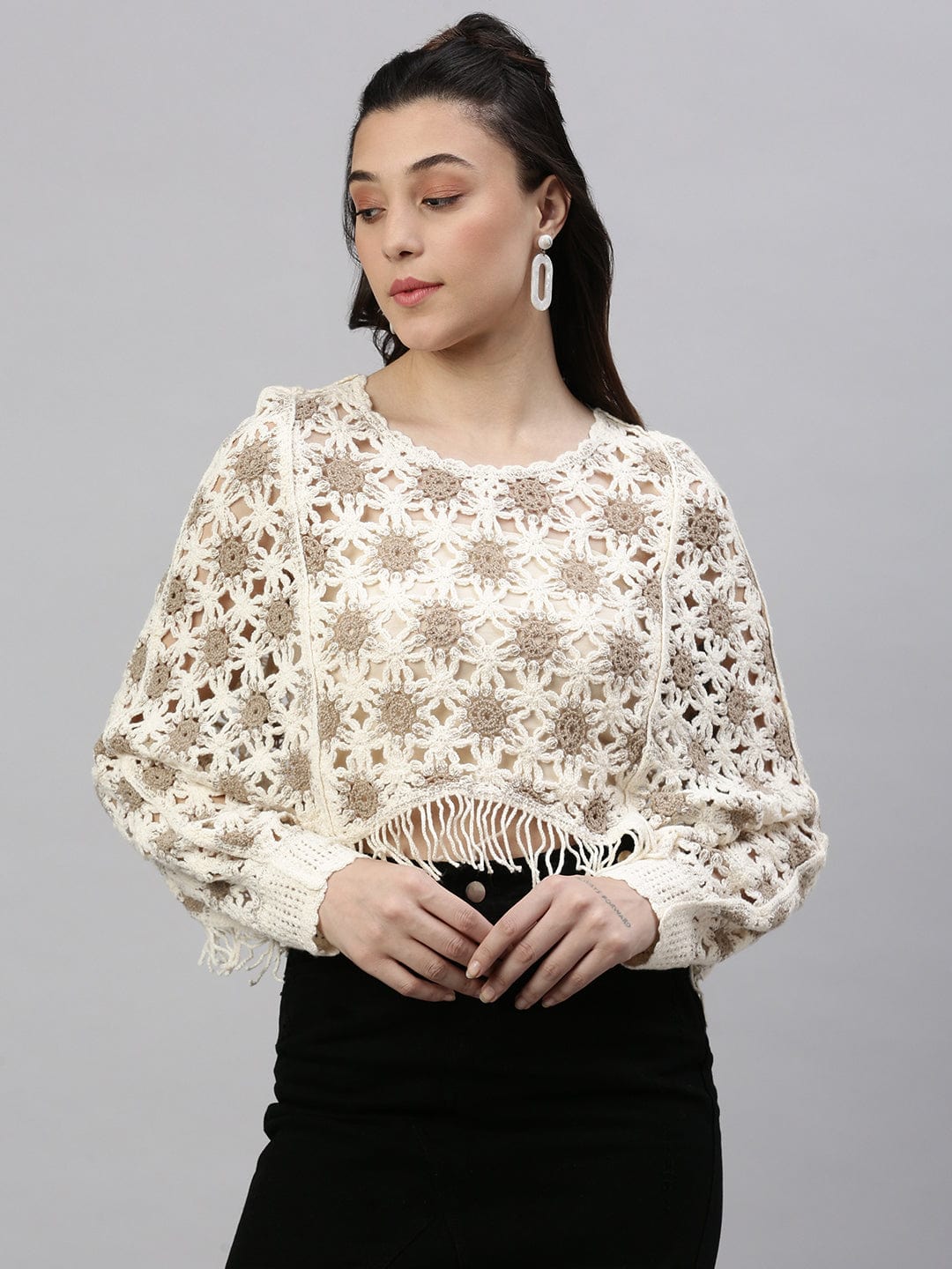 Women's Self Design Cream Crochet Crop Top