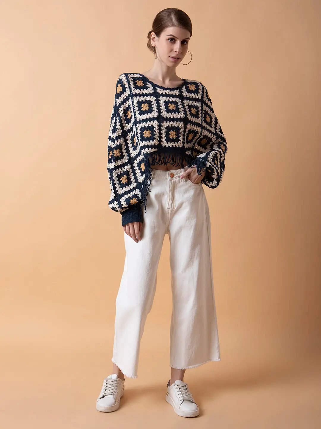 Women's Self Design Teal Crochet Crop Top