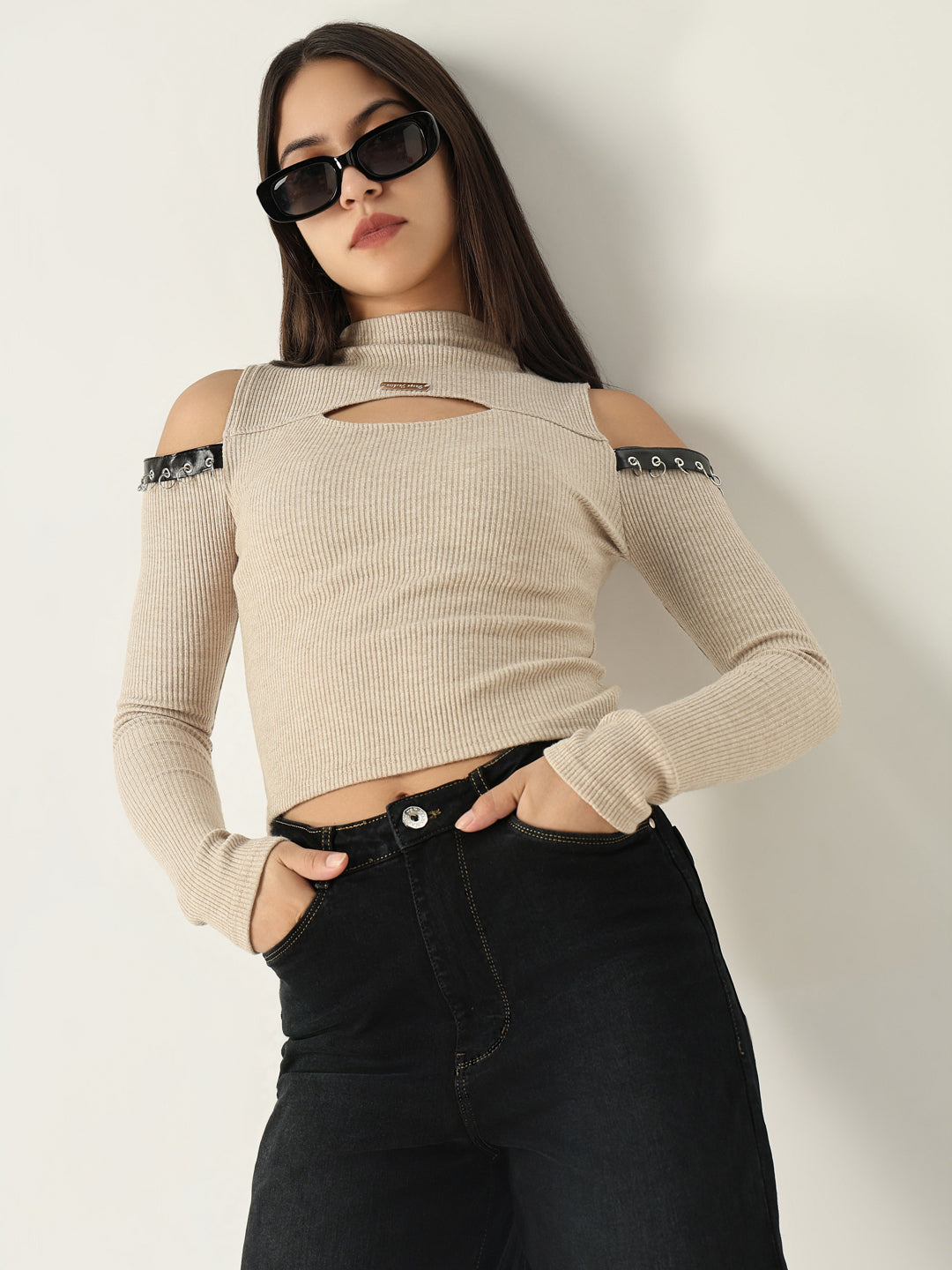 Women Solid Beige Fitted Top