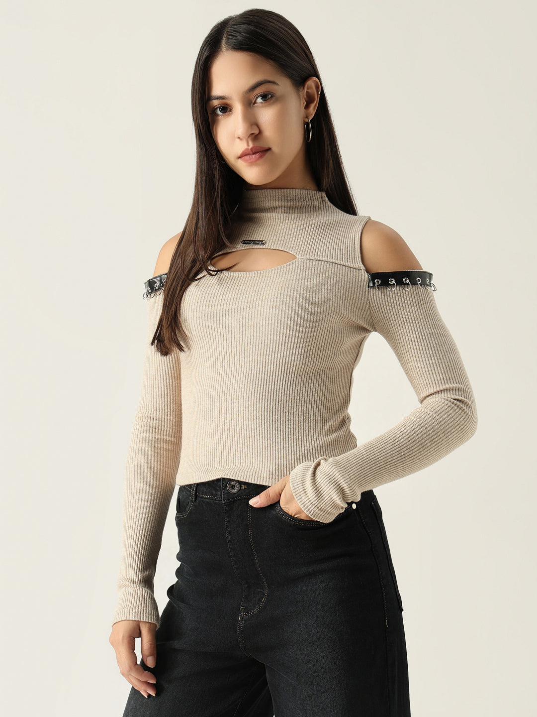 Women Solid Beige Fitted Top