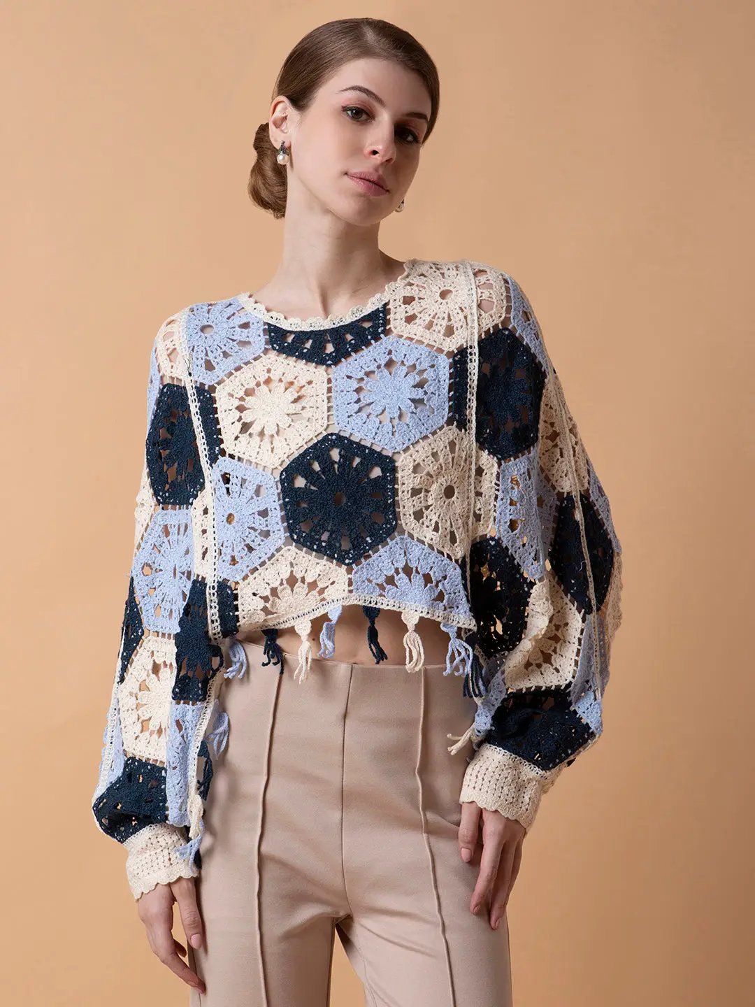 Women's Self Design Teal Crochet Crop Top