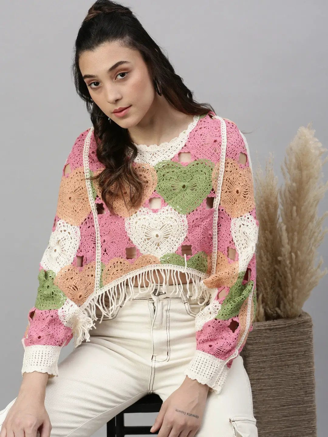 Women's Self Design Pink Crochet Crop Top