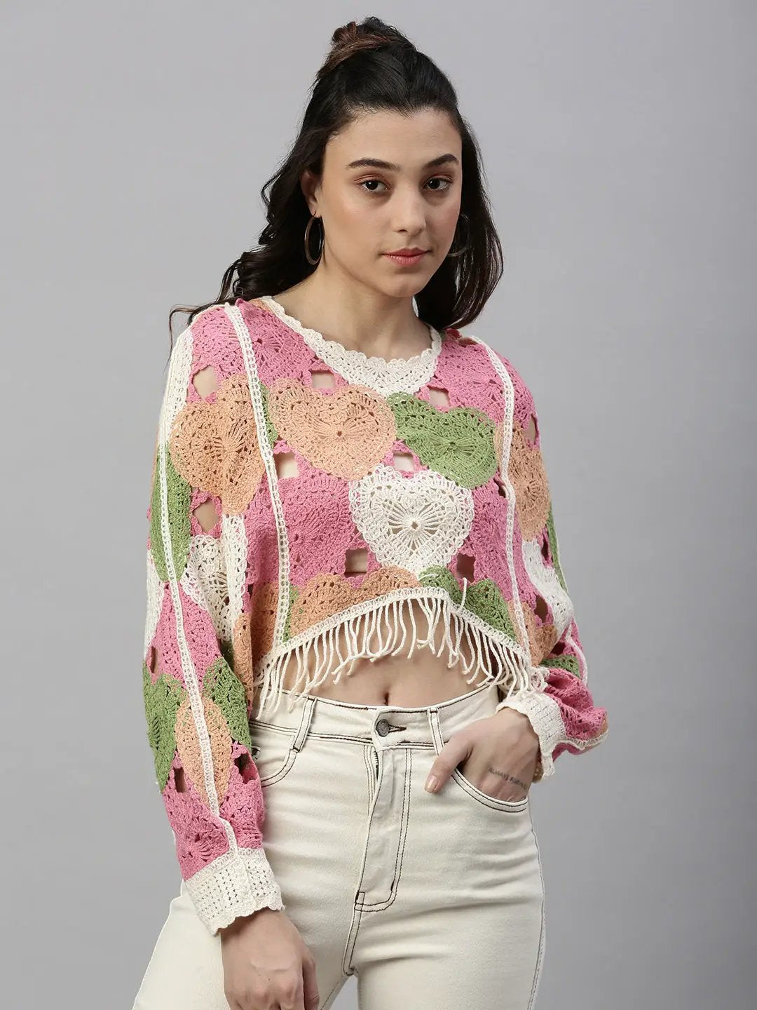 Women's Self Design Pink Crochet Crop Top