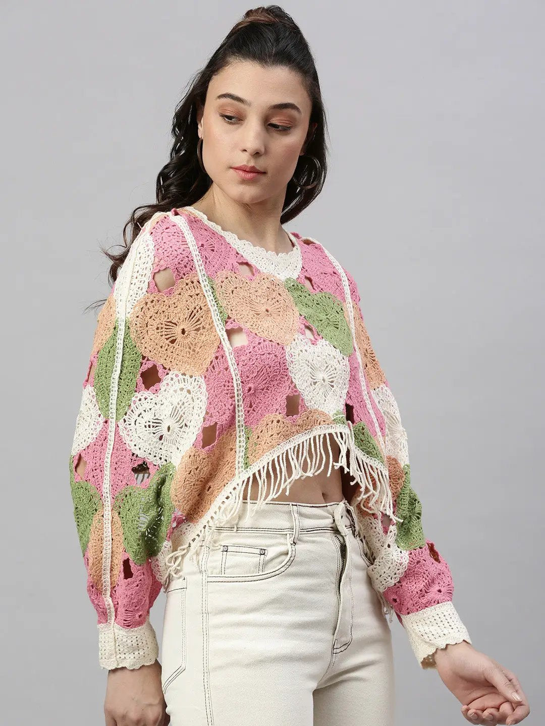 Women's Self Design Pink Crochet Crop Top