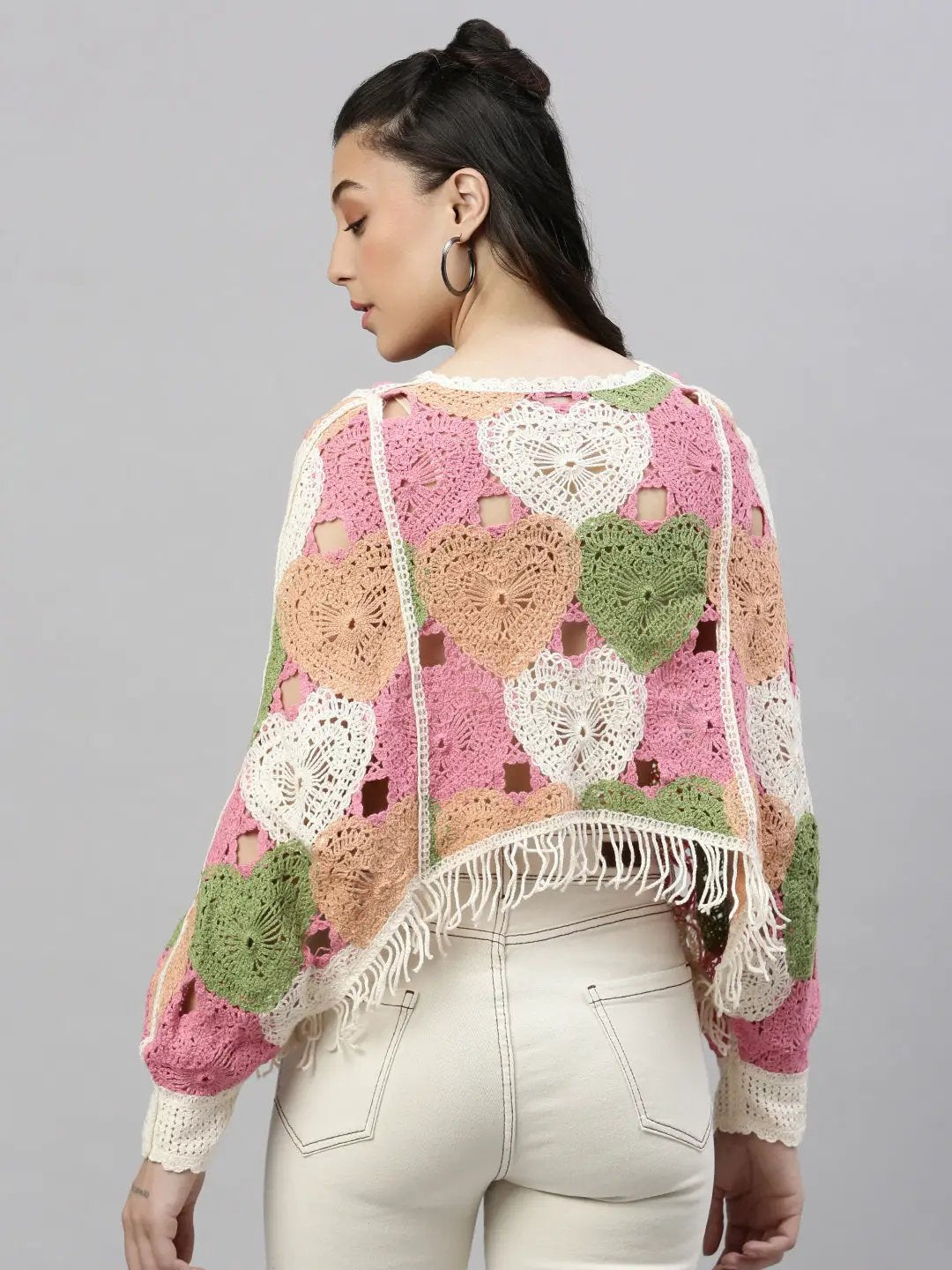 Women's Self Design Pink Crochet Crop Top