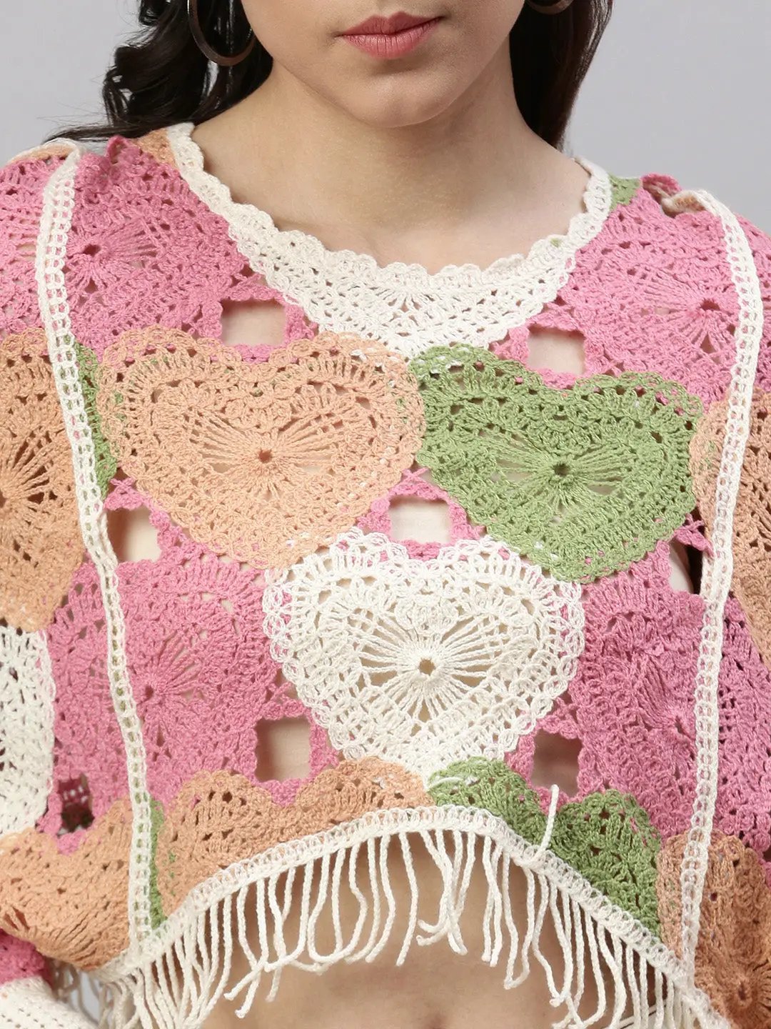 Women's Self Design Pink Crochet Crop Top