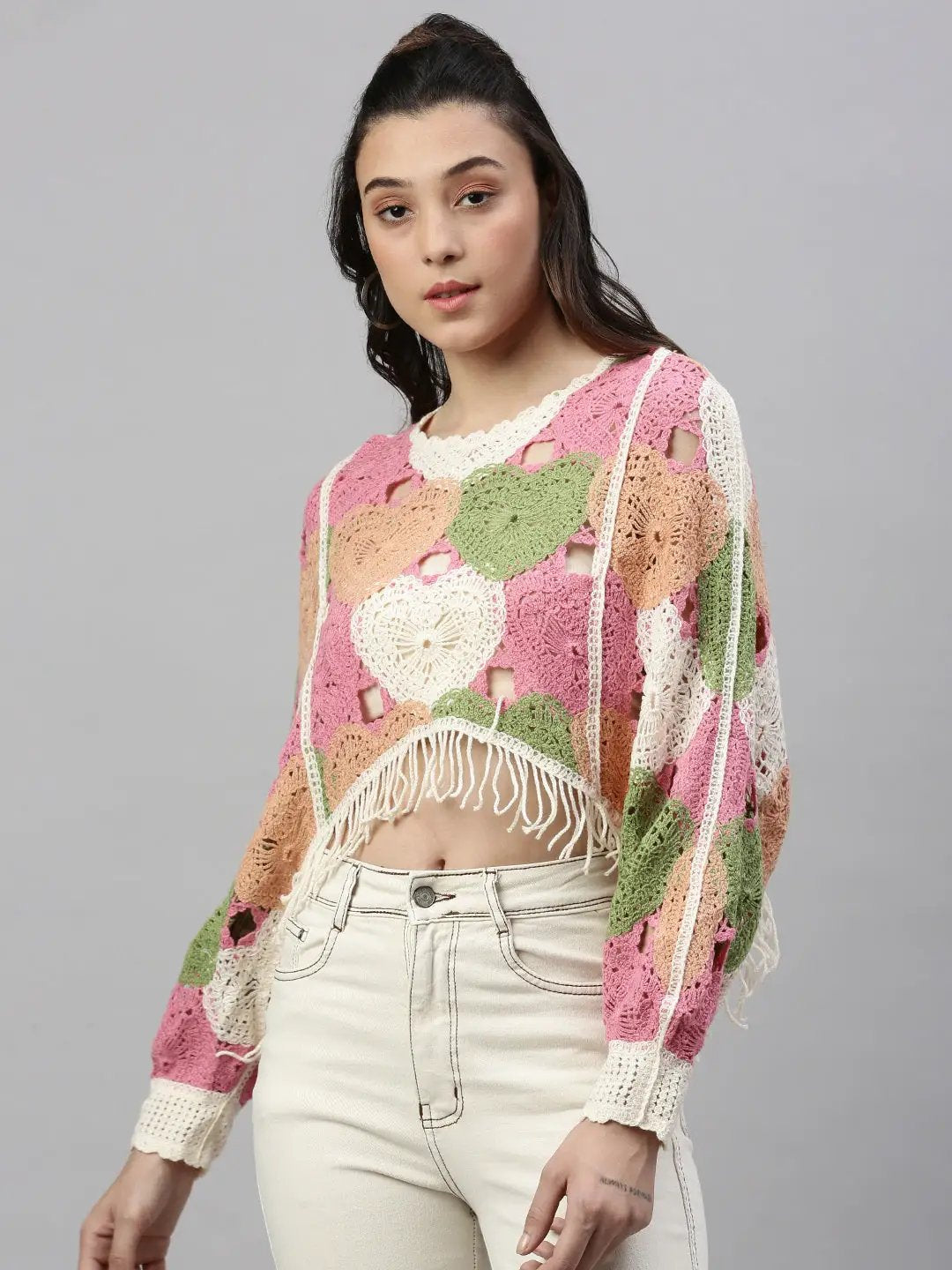 Women's Self Design Pink Crochet Crop Top