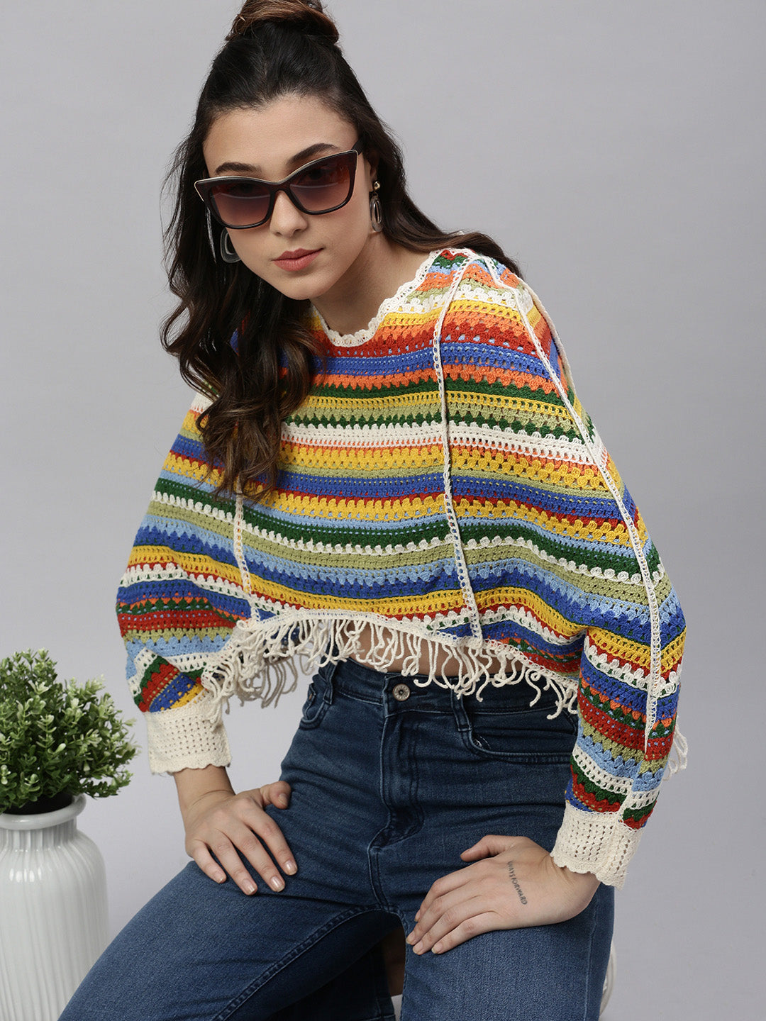 Women Self Design Multi Crochet Crop Top