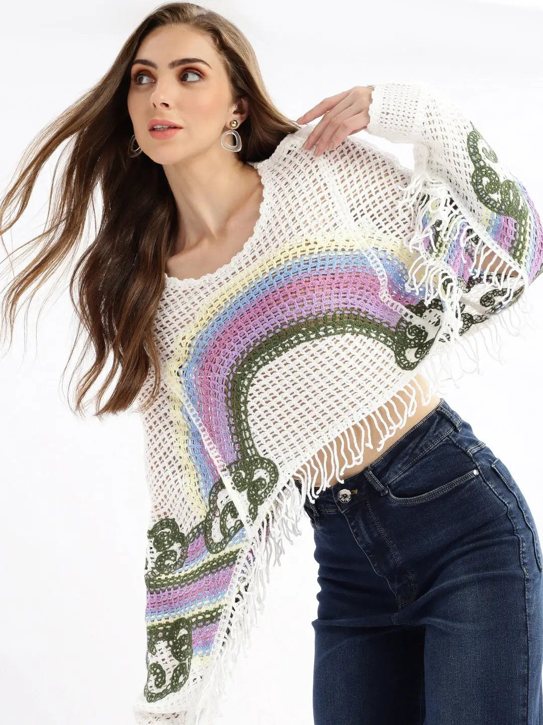 Women's Self Design White Crochet Crop Top