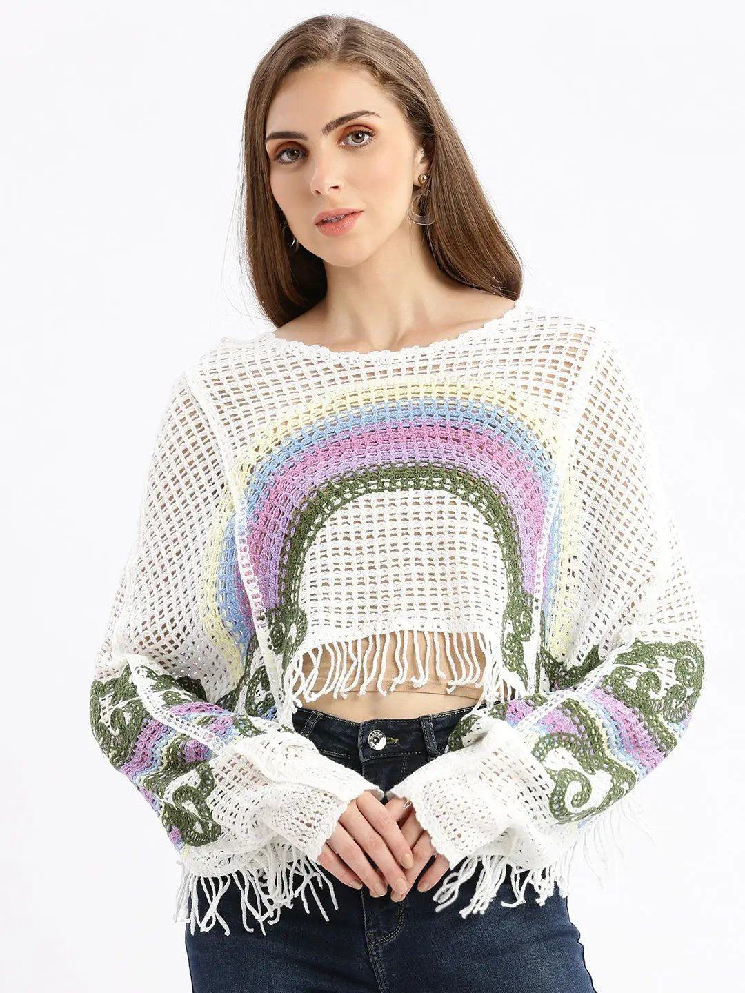 Women's Self Design White Crochet Crop Top