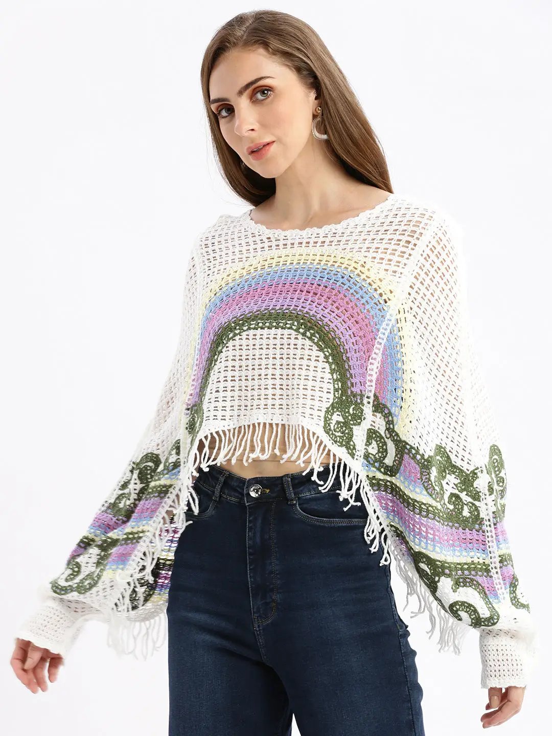 Women's Self Design White Crochet Crop Top