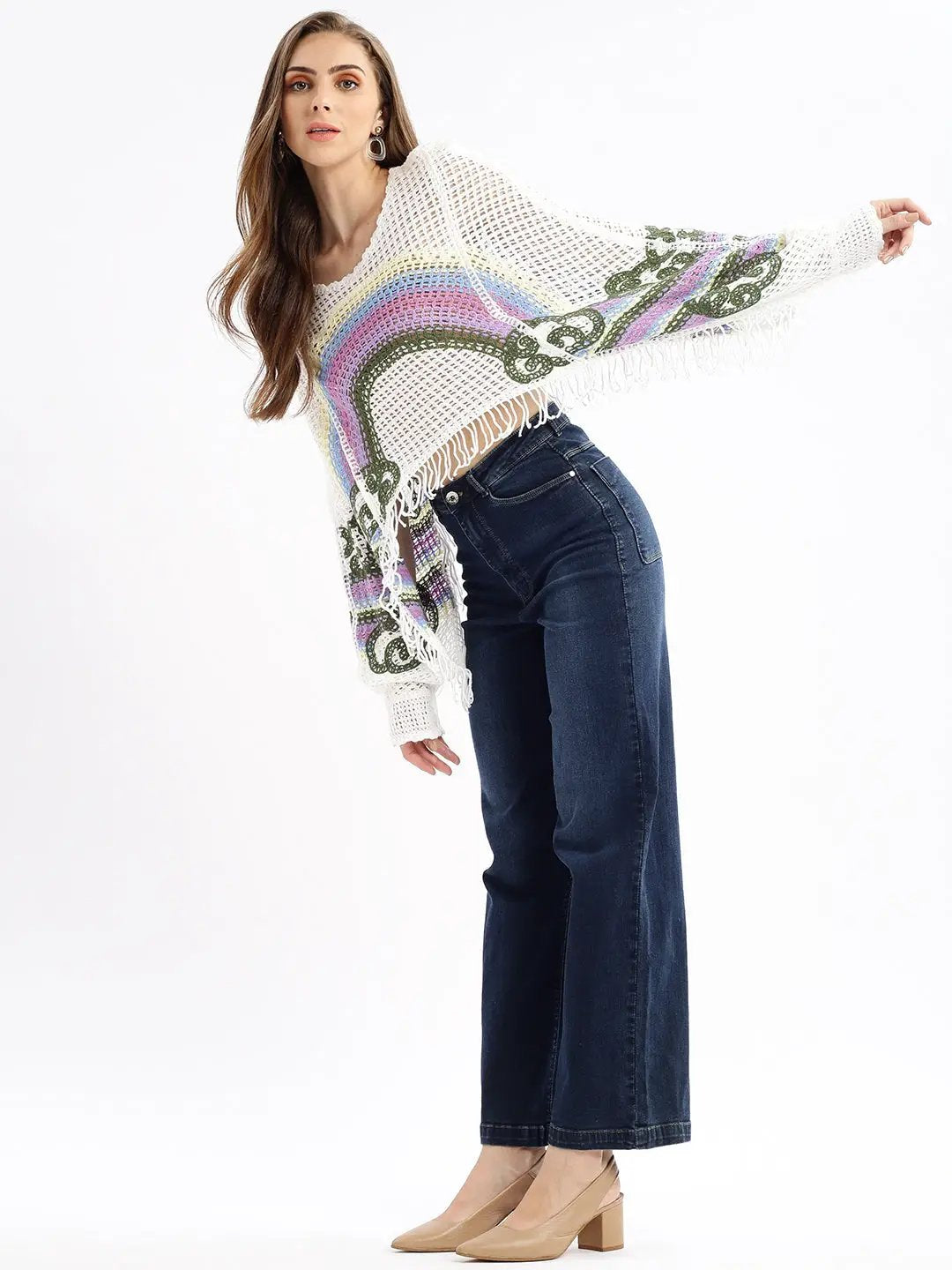Women's Self Design White Crochet Crop Top