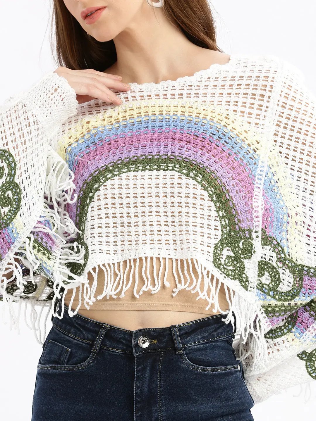 Women's Self Design White Crochet Crop Top