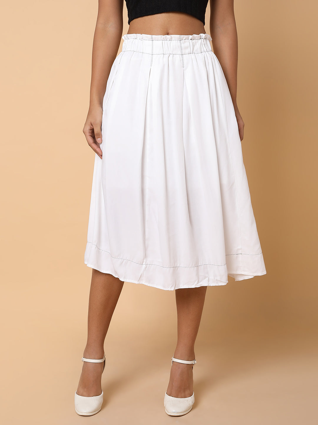 Women Solid White Flared Midi Skirt