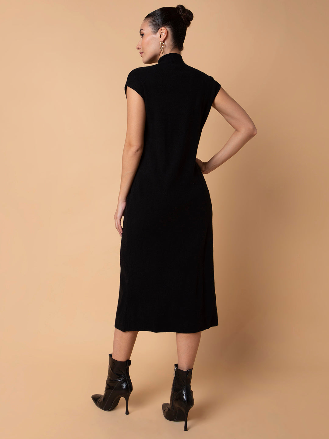 Women Solid Black Midi A-Line Dress