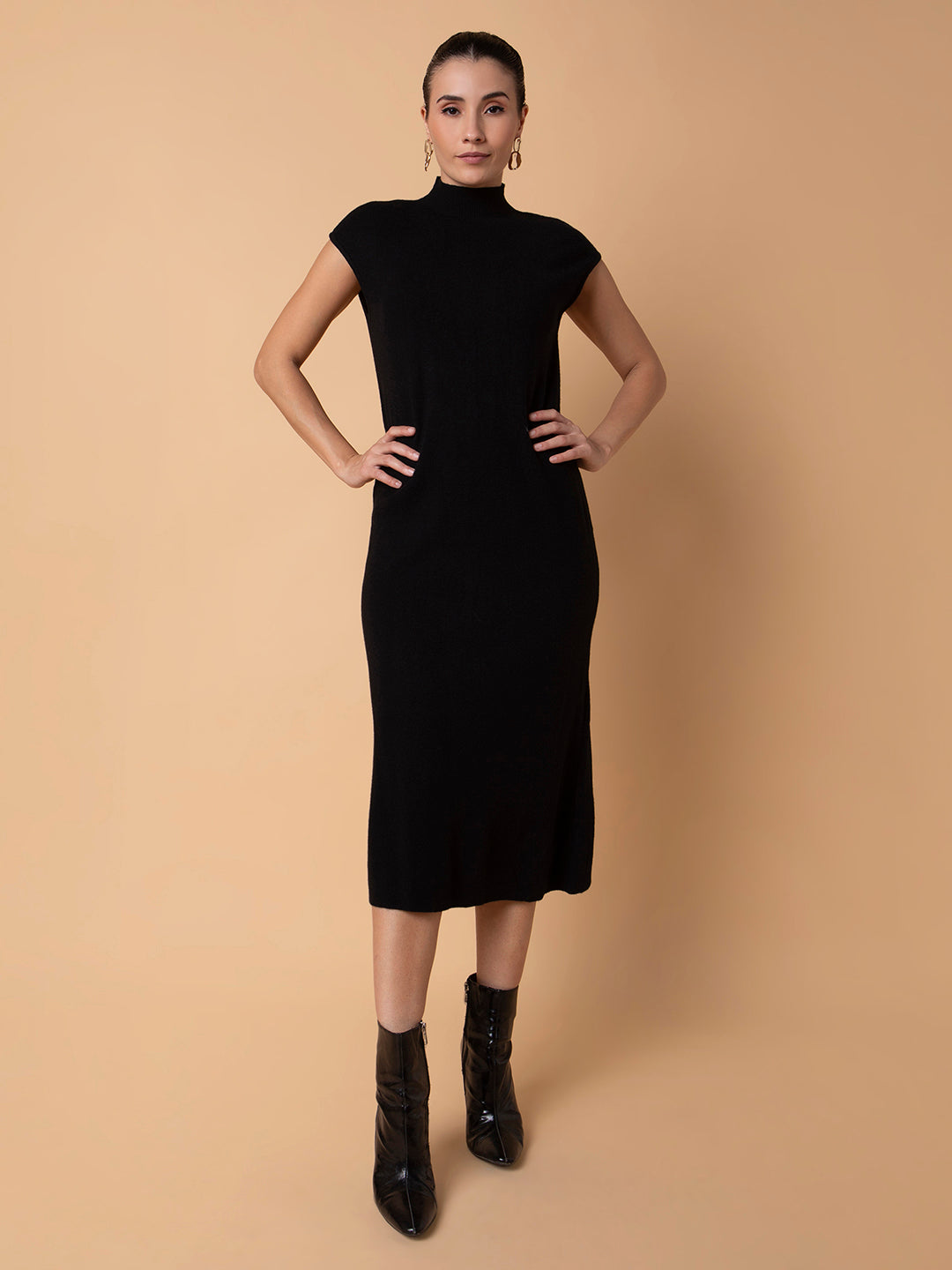 Women Solid Black Midi A-Line Dress