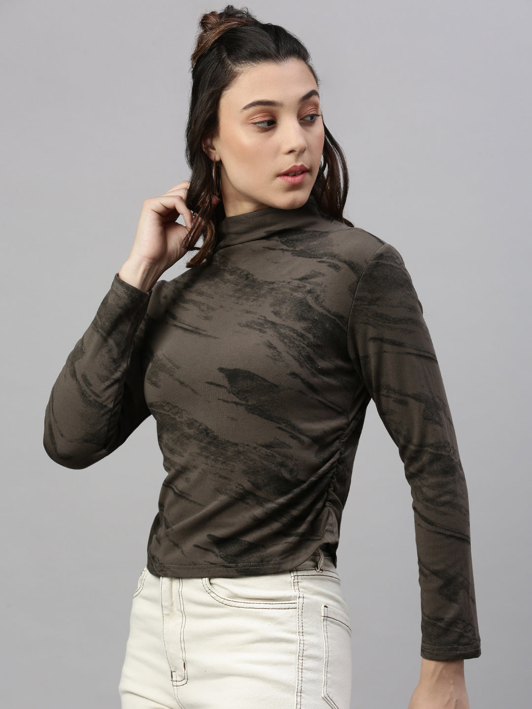 Women Abstract Brown Fitted Top