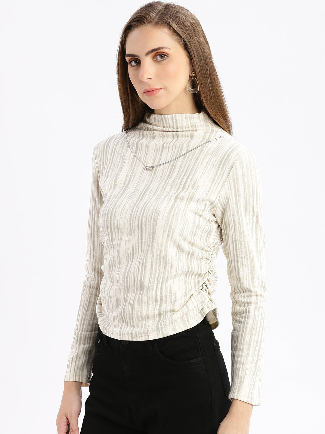 Women Striped Cream Fitted Top with Neck Chain