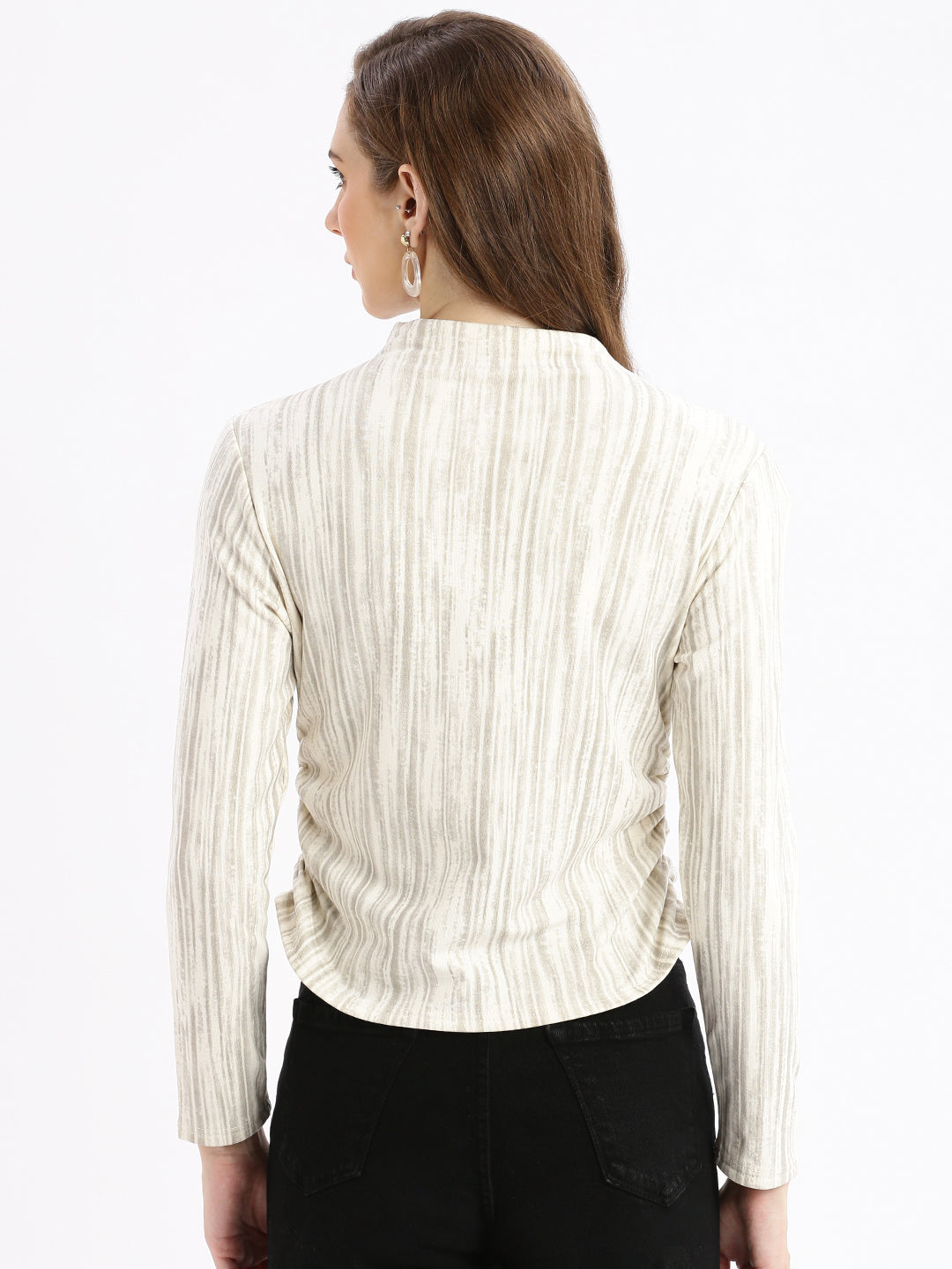 Women Striped Cream Fitted Top with Neck Chain