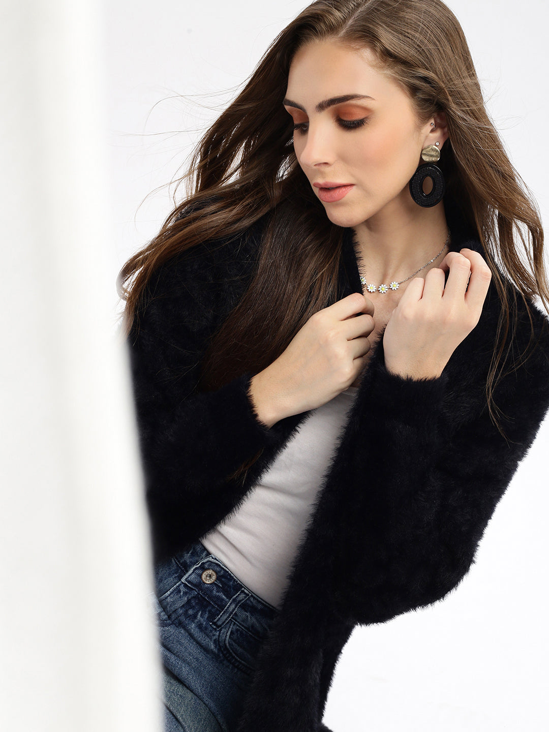 Women's Black Solid Open Front Longline Shrug