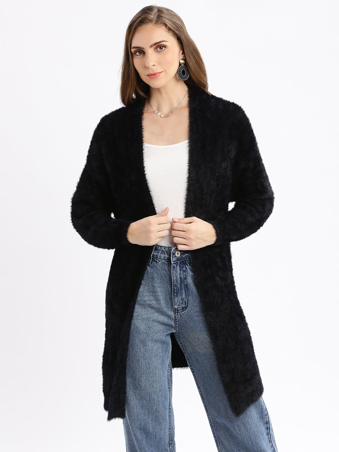 Women's Black Solid Open Front Longline Shrug