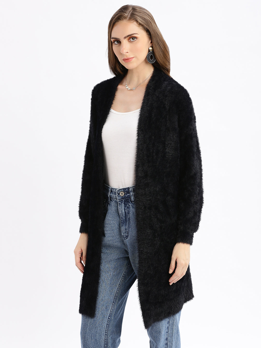 Women's Black Solid Open Front Longline Shrug