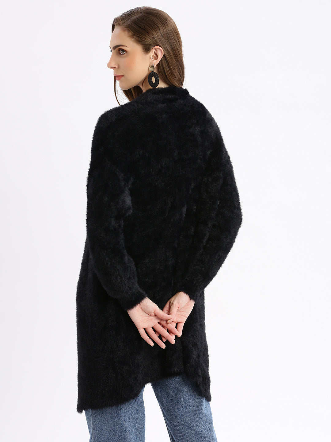 Women's Black Solid Open Front Longline Shrug