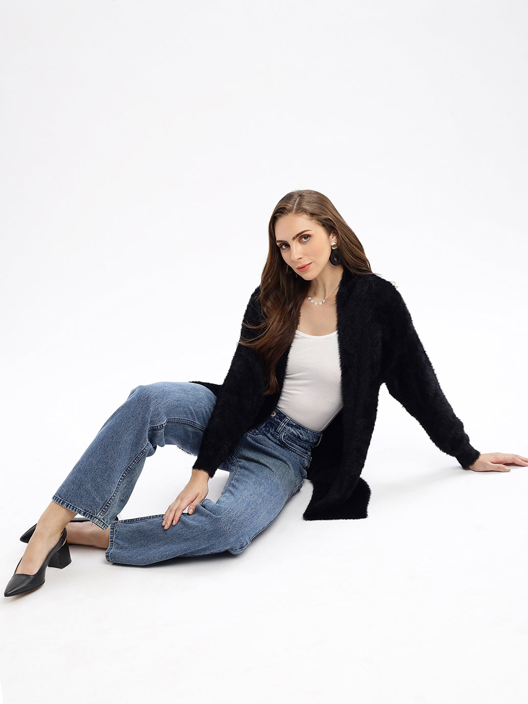 Women's Black Solid Open Front Longline Shrug