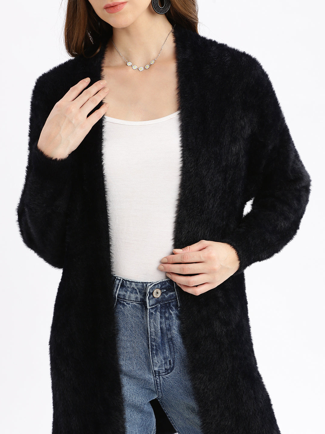 Women's Black Solid Open Front Longline Shrug