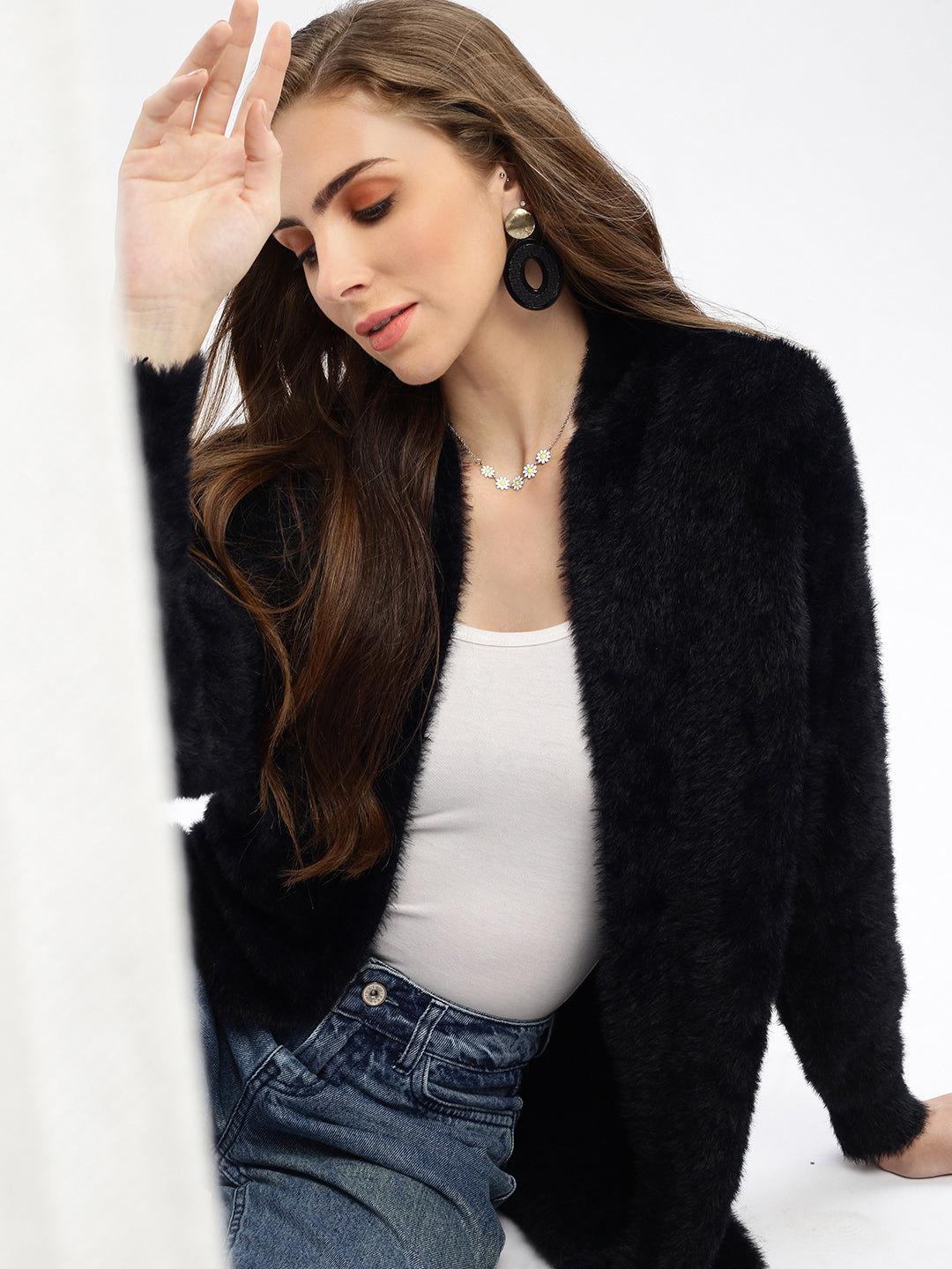 Women's Black Solid Open Front Longline Shrug